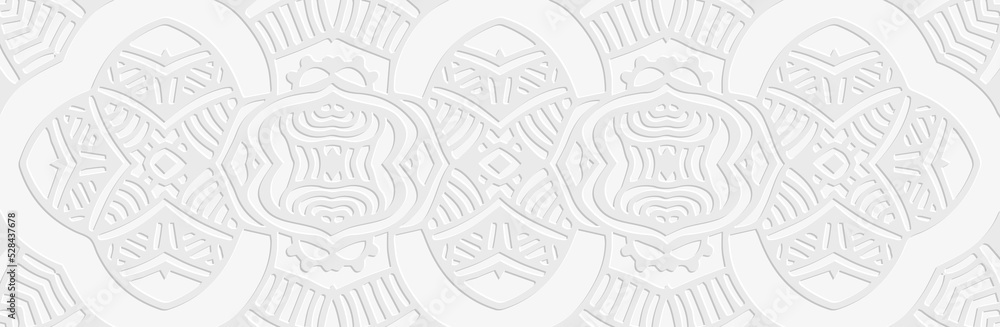 Obraz premium Banner, cover design unique. Embossed ethnic vintage 3d pattern on a white background, boho style, paper press. Tribal geometric ideas for websites, presentations.