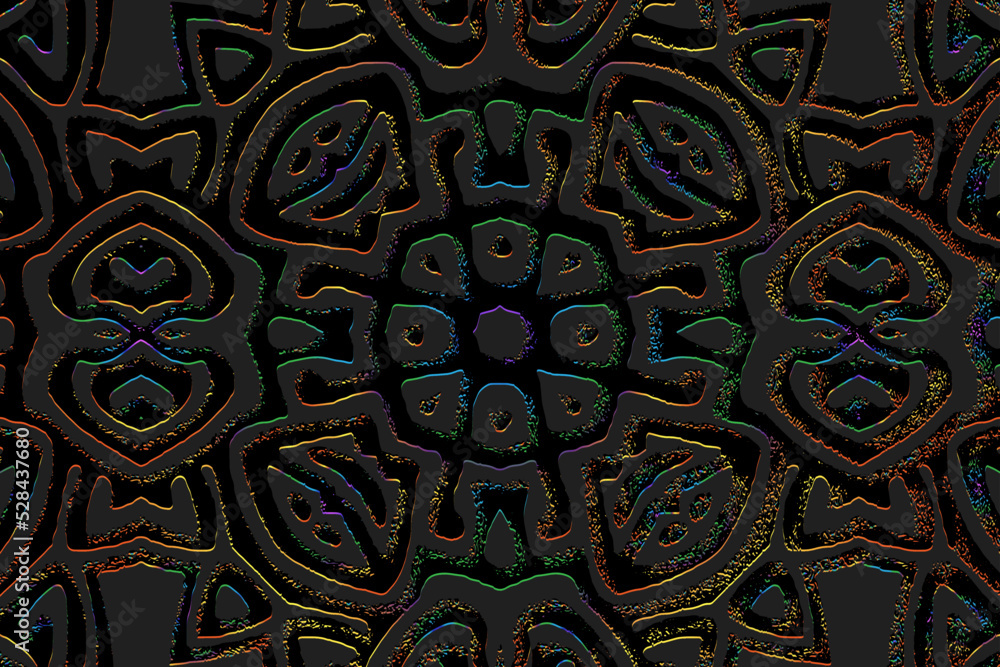Embossed black background, ethnic vintage fantasy cover design. Geometric 3D pattern, press paper, boho style. Exotic tribal ornaments of East, Asia, India, Mexico, Aztecs, Peru.