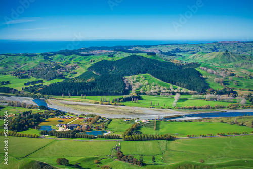 Aerial view of the Tukituki river valley and The Craggy Range Vineyard from Te Mata Peak. Beautiful day at Hawkes Bay  New Zealand