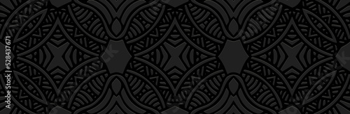 Banner, luxury cover design. Embossed ethnic vintage 3d pattern on a black background, boho style, paper press. Tribal geometric ideas for websites, presentations.