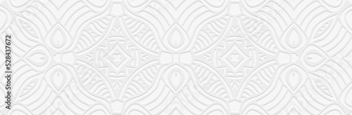 Banner, trendy cover design. Embossed ethnic vintage 3d pattern on a white background, boho style, paper press. Tribal geometric ideas for websites, presentations.