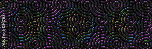 Banner, cover abstract design. Embossed ethnic fantasy 3D pattern on a black background, boho style, paper press. Tribal geometric ideas for websites, presentations.