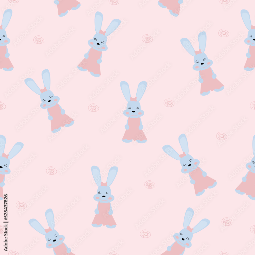 Seamless pattern cute handmade rabbit girl in a dress on a pink background. Background, wallpaper, packaging, textile template. Seamless pattern cute handmade rabbit girl in a dress on a pink background. Background, wallpaper, packaging, textile template.