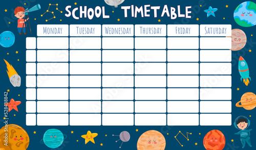 School timetable template with cartoon planets, rockets, shuttle. Back to school schedule with space background for subjects. Vector illustration