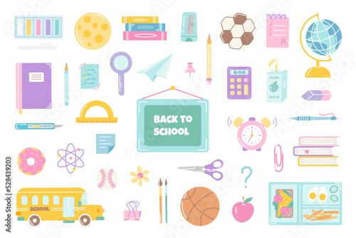 Big set of school elements, accessories for study. Back to school. Vector flat illustration on white background