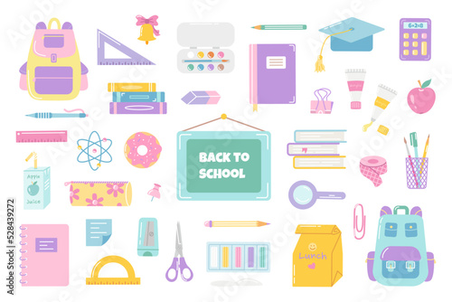 Big set of school supplies for studying. Back to school. Vector flat illustration on white background