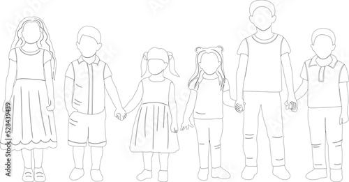 children hold hands sketch, outline vector, isolated