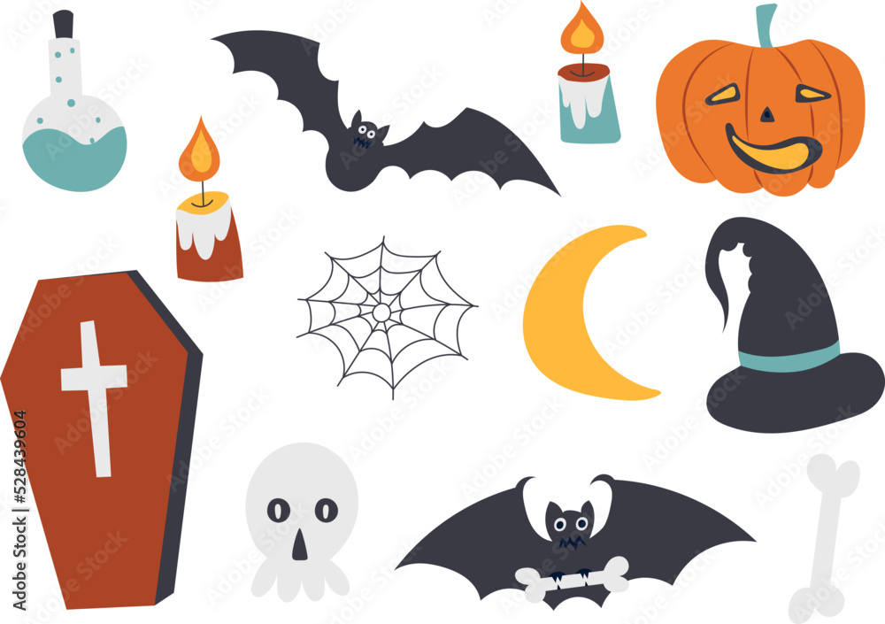 set for halloween in doodle style, isolated vector