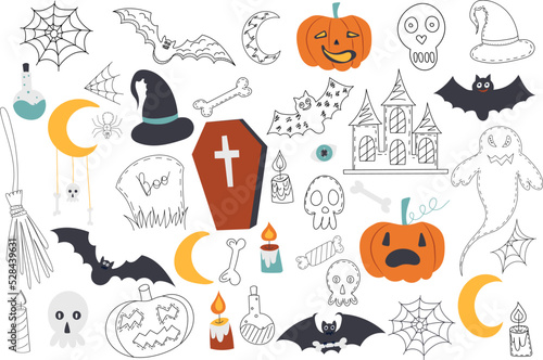 set for halloween sketch, outline vector, isolated