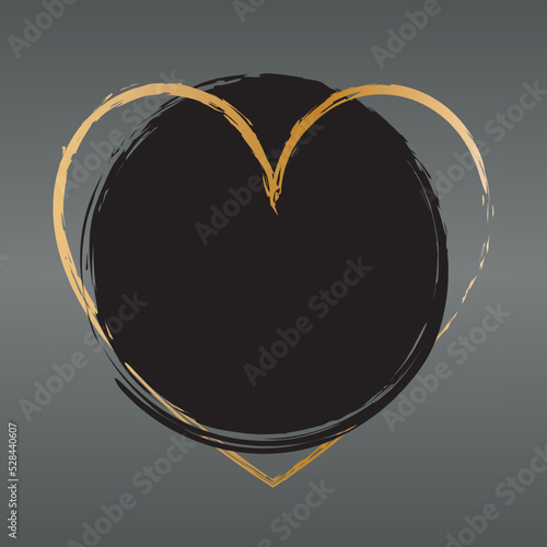 vector illustartion of black colored round brush painted banner with gold heart frame on gray background	