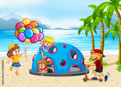Beach playground with happy children