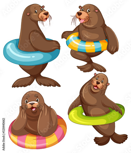 Set of different sea lions cartoon characters