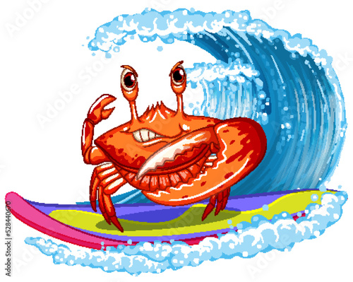 Cute crab cartoon character surfing