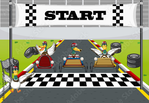 Soap box derby race with ducks cartoon character