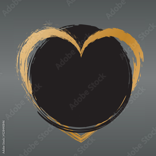 vector illustartion of black colored round brush painted banner with gold heart frame on gray background	