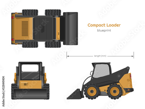 Orange compact loader. Side, front amd top view. Isolated drawing of mini bulldozer. Industrial blueprint of loading machine