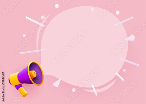 3d megaphone speaker or loudspeaker bullhorn for announce promotion with message bubble. Megaphone 3d loud hailer mockup. Vector illustration.