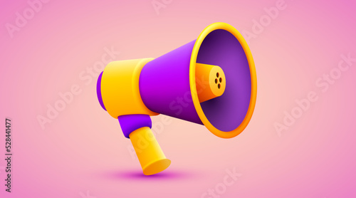 3d megaphone speaker or loudspeaker bullhorn for announce promotion, megaphone 3d loud hailer mockup. 3d vector render for alert and announcement on isolated background.