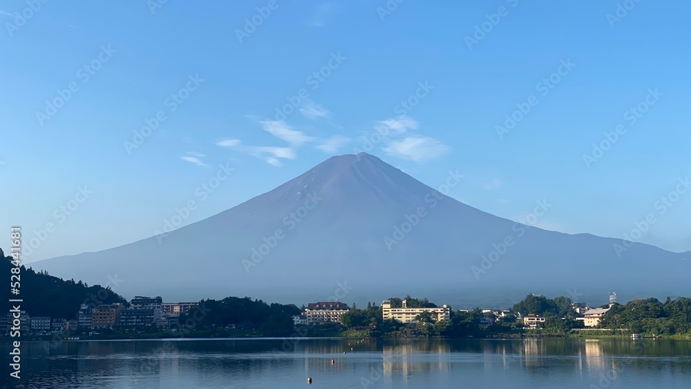 6:25am Mt Fuji view with barely any snow on top or clouds, a beautiful day in August 27th, 2022 Kawaguchiko lakeshore, Yamanashi prefecture