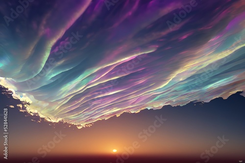 Polar stratospheric cloud, also known as nacreous clouds from nacre, or mother of pearl, due to its iridescence. 3d-render, Raster illustration. photo