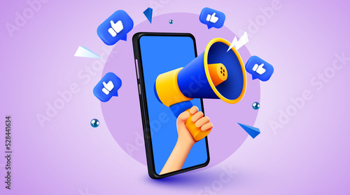 3d hand holding megaphone speaker in smartphone for announce. Mockup with like notifications. Social media promotion. Vector illustration.