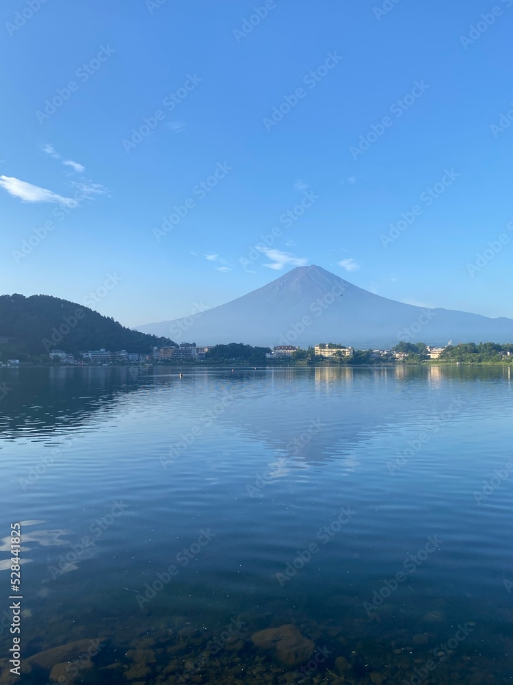 6:25am, Mt. Fuji with Kawaguchiko lake, the beautiful scenery of Japan, year 2022 August 27th