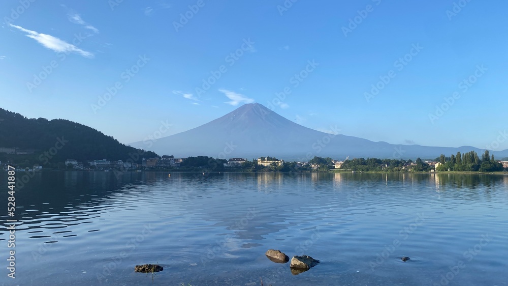 6:23am beautiful Mt. Fuji view from Kawaguchiko lakeshore, Yamanashi prefecture year 2022 August 27th