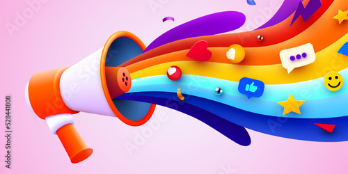 3d megaphone speaker or loudspeaker bullhorn for announce promotion with colorful elements. Megaphone 3d loud hailer mockup. Vector illustration.