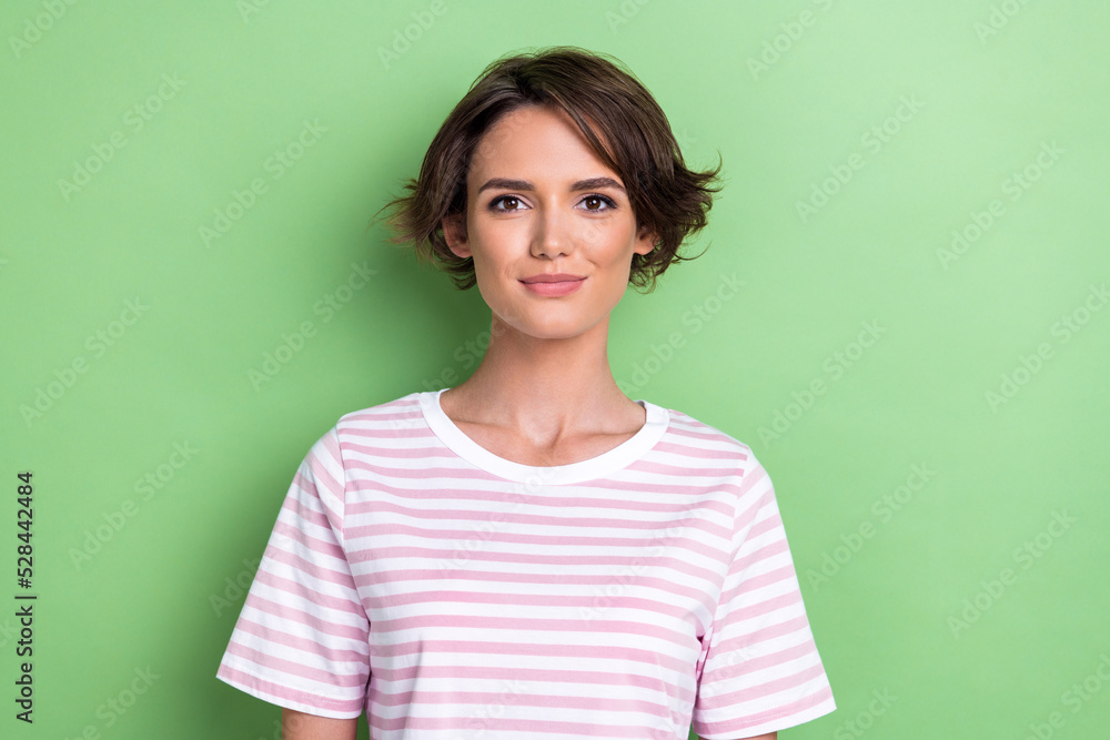 Photo of young pretty attractive cute perfect woman girlish good mood looking you nice day isolated on green color background Photo of young pretty attractive cute perfect woman girlish good mood looking you nice day isolated on green color background