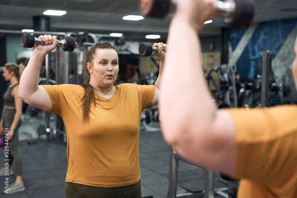 Woman with overweight lifting dumbbells at the gym Woman with overweight lifting dumbbells at the gym