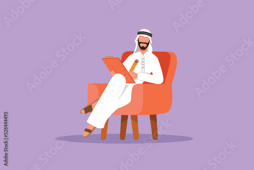 Graphic flat design drawing Arab businessman writing on clipboard. Male executive sitting in armchair. Man taking notes. Psychology consultation. Business successful. Cartoon style vector illustration