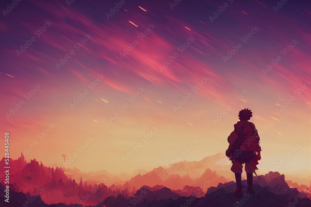 Epic adventurer warrior standing and looking at the sunset. Fantasy digital painting artwork. Illustration of a man in armor and sword traveling across the kingdom. Orange adventure landscape. Epic adventurer warrior standing and looking at the sunset. Fantasy digital painting artwork. Illustration of a man in armor and sword traveling across the kingdom. Orange adventure landscape.