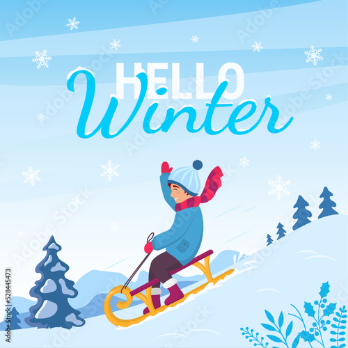 Cute winter scene happy boy sledding down. Smiling child riding on sleigh. Cartoon greeting card with winter landscape. Holiday background with Hello winter text. Vector flat design illustration