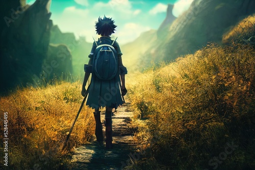 Adventurer walking on a mountain path. A warrior fantasy character with a sword and back exploring. A knight walking in the kingdom. Epic landscape. Anime, cartoon digital artwork painting. photo