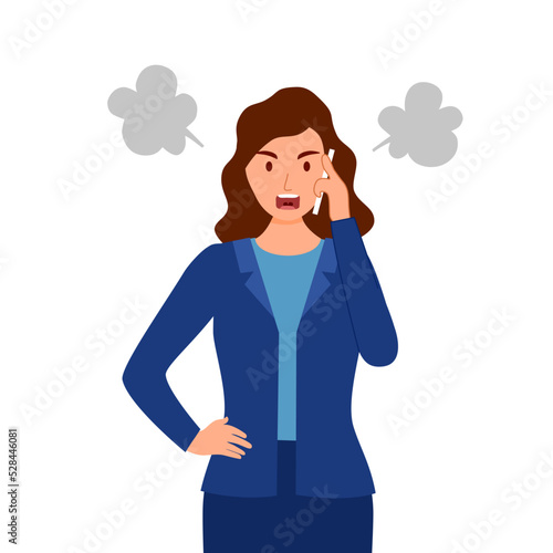 Businesswoman angry on phone in flat design on white background.