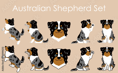 Simple and adorable Australian Shepherd illustrations set