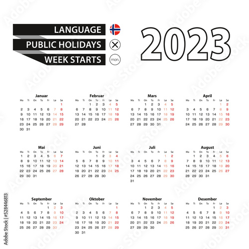 Calendar 2023 in Norwegian language, week starts on Monday.