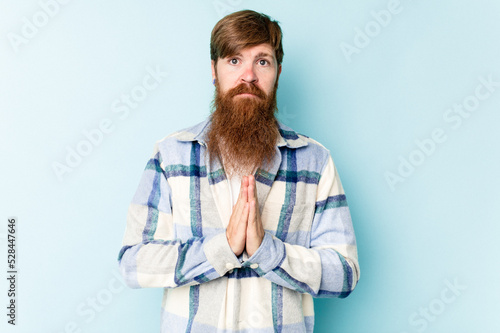 Print op canvas Young caucasian red-haired man isolated on blue background praying, showing devotion, religious person looking for divine inspiration