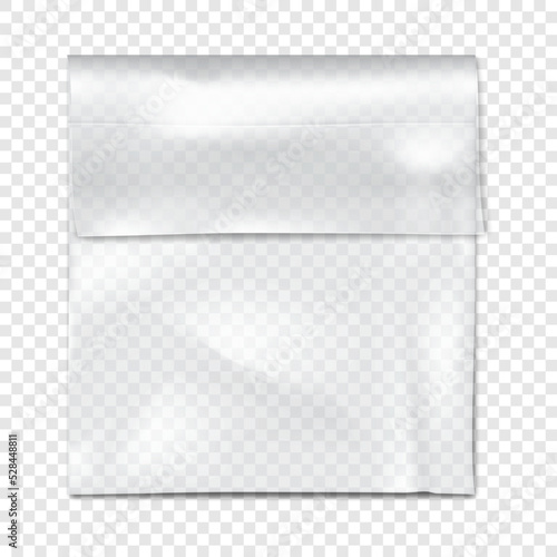 Clear plastic pouch on transparent background vector mock-up. Blank empty square fold top cellophane bag packaging mockup