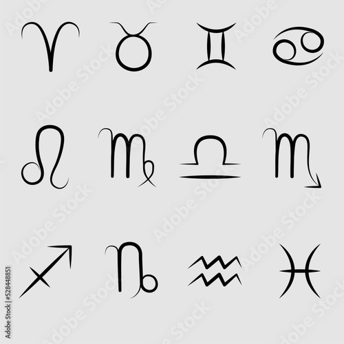 Zodiac signs. One line design. Line zodiac signs: aquarius, libra, leo, taurus, cancer, pisces, virgo, capricorn, sagittarius, aries, gemini, scorpio. Astrological calendar.