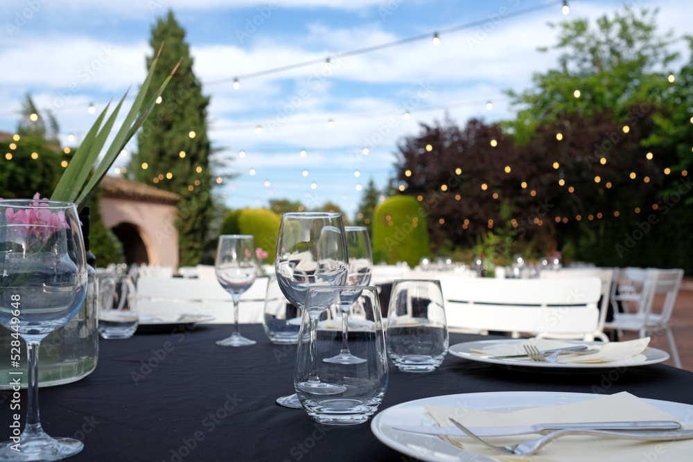 buffet, conference, dinner, dinner event, evening, event, glasses, outdoor, reception, tables, venue, wedding