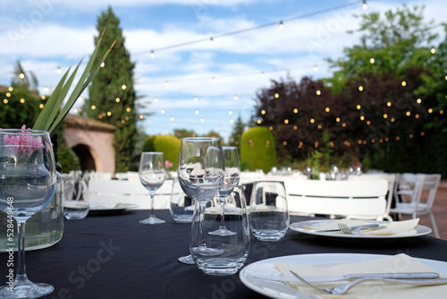 buffet, conference, dinner, dinner event, evening, event, glasses, outdoor, reception, tables, venue, wedding