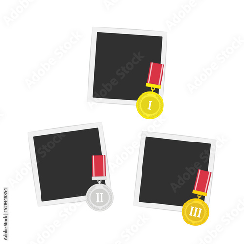 Vector photo frame template with medal of winner. Blank photograph, gold award with red ribbon isolated on white background. Concept of an award of the winner. EPS 10.