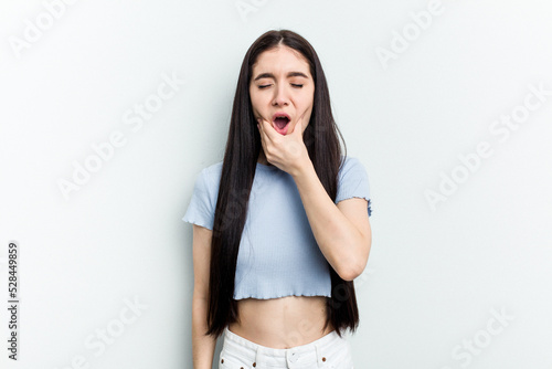 Young caucasian woman isolated on white background having a strong teeth pain, molar ache.