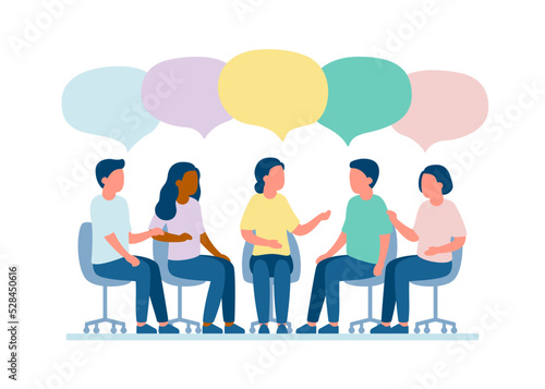 Meet of team of people for talk, dialog, communication, discussion, business relationship. Discuss problems together, exchange opinions of team worker. Support group. Vector illustration