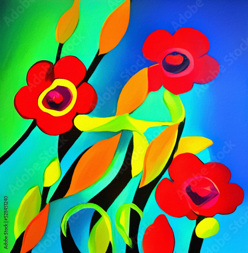 Colorful abstract oil and acrylic mixed painting floral art. Modern vibrant drawing flowers  large brush strokes and palette colors. Impressionism contemporary style.