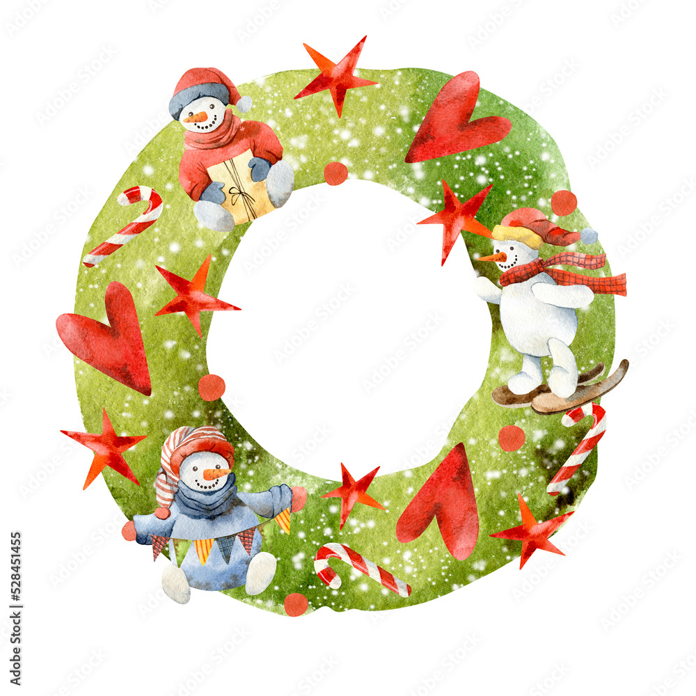 Watercolor christmas wreath with cute snowman Watercolor christmas wreath with cute snowman