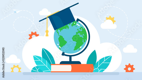Globe with graduation cap on books. Educational tourism. Distance education. Globalization. Concept of global education, international exchange program, studying abroad. Flat vector illustration