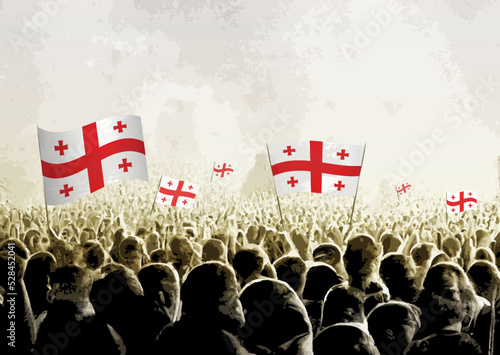 Crowd with the flags of Georgia, people cheering national team of Georgia. Ai generated illustration of crowd.