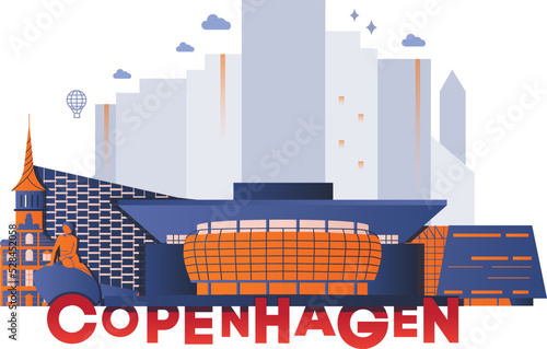 Photography Copenhagen culture travel set, famous architecture, and specialties in flat design